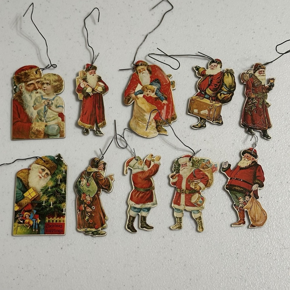 10 Vintage 70's 80's Merrimack Christmas Ornament Die Cut Cardboard Santa Clause